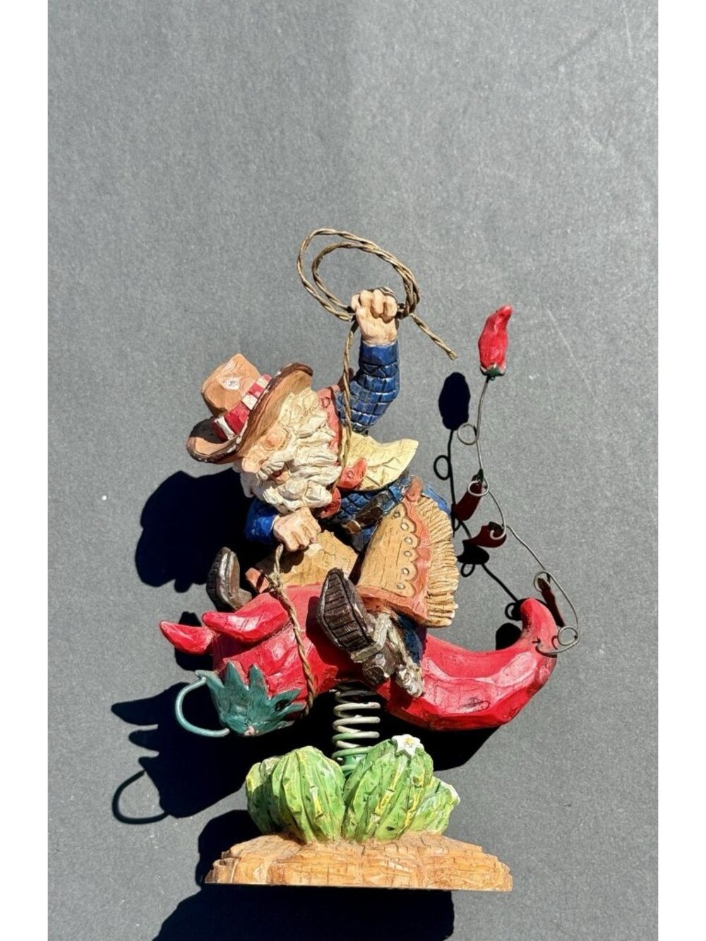 Vintage Resin Western Cowboy Bobble Head Riding Chili Pepper Lasso EUC
